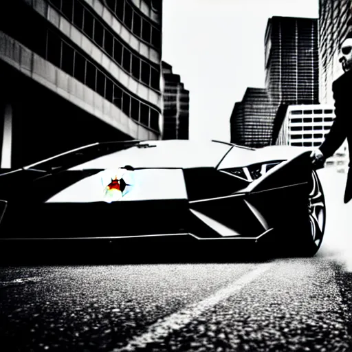 Image similar to black and white press photograph of a man in a suit pushing a lamborghini that is out of gas on a busy city street, sideview, detailed, natural light, mist, film grain, soft vignette, sigma 5 0 mm f / 1. 4 1 / 1 0 sec shutter, imax 7 0 mm footage