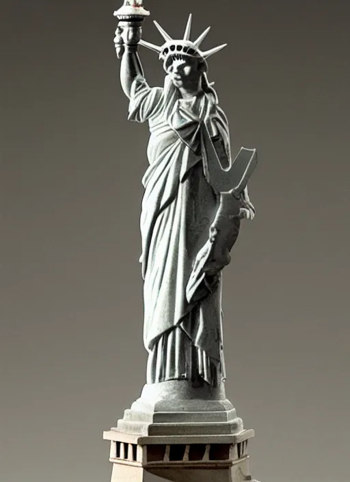 Image similar to A marble statue of squirrel standing in a pose of Statue of Liberty, holding an acorn, museum photo