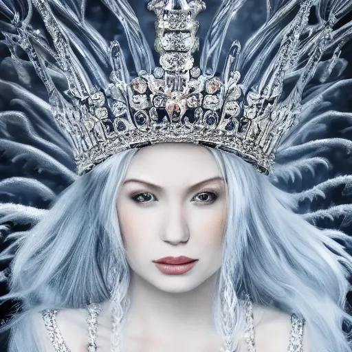 Prompt: beautiful ice queen ornate cload and crown, highly detailed, 4k, HDR, smooth, sharp focus, hyper realistic, high resolution, award-winning photo