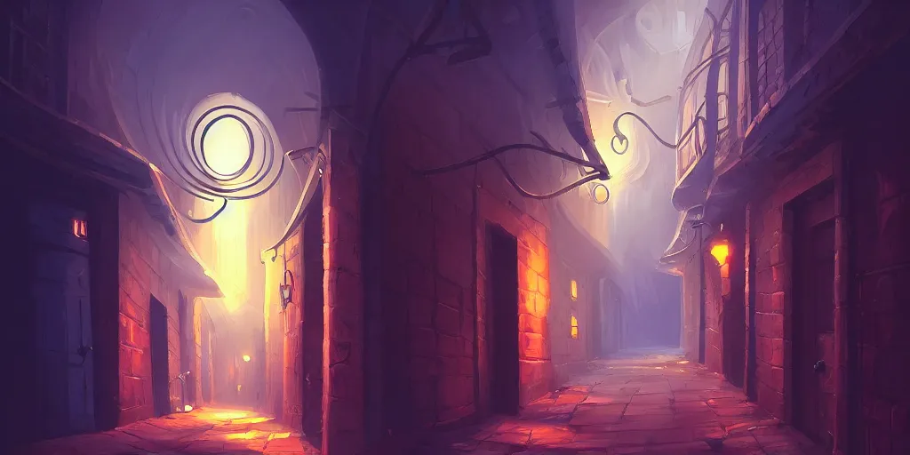 Image similar to spiral shaped night dark alley, spiral stylized art by sylvain sarrailh, artstation, smoke water, lorax movie