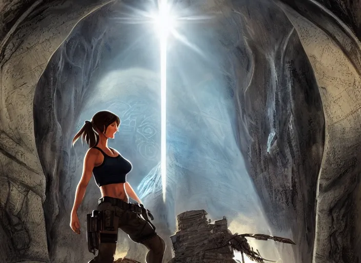 Image similar to face portrait of concentrated young Sandra Bullock as Lara Croft entering the large Minas Tirith gate, sun beams, intricate, elegant, highly detailed, centered, digital painting, artstation, concept art, smooth, sharp focus, illustration, Allan Lee, John Howe