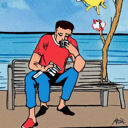 Image similar to smartphone addicted man on the seaside, comic art by Andrea Pazienza