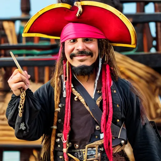 Prompt: a latino pirate wearing a tricorne hat on a pirate ship
