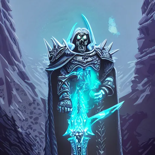 Prompt: A ultra detailed illustration of Arthas lich king, by Tomer Hanuka, trending on ArtStation,