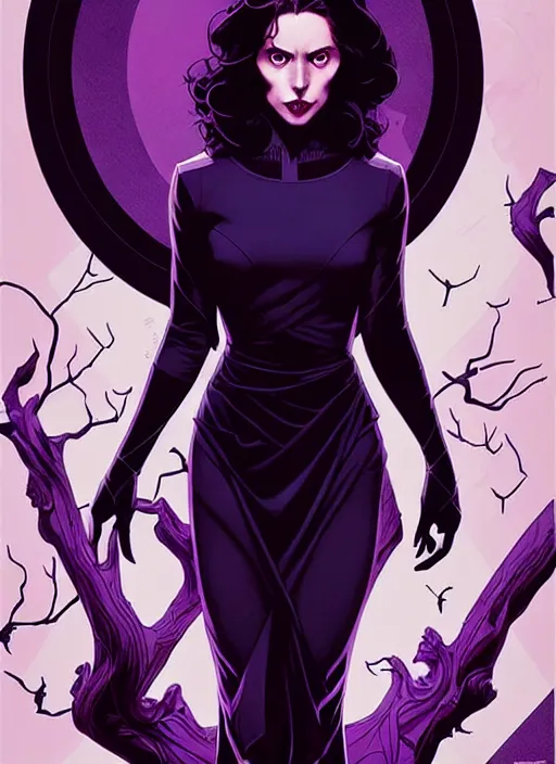 Image similar to Rafael Albuquerque comic cover art, artgerm, Joshua Middleton, pretty Stella Maeve witch doing black magic, serious look, purple dress, symmetrical eyes, symmetrical face, long black hair, full body, dark forest, cool colors