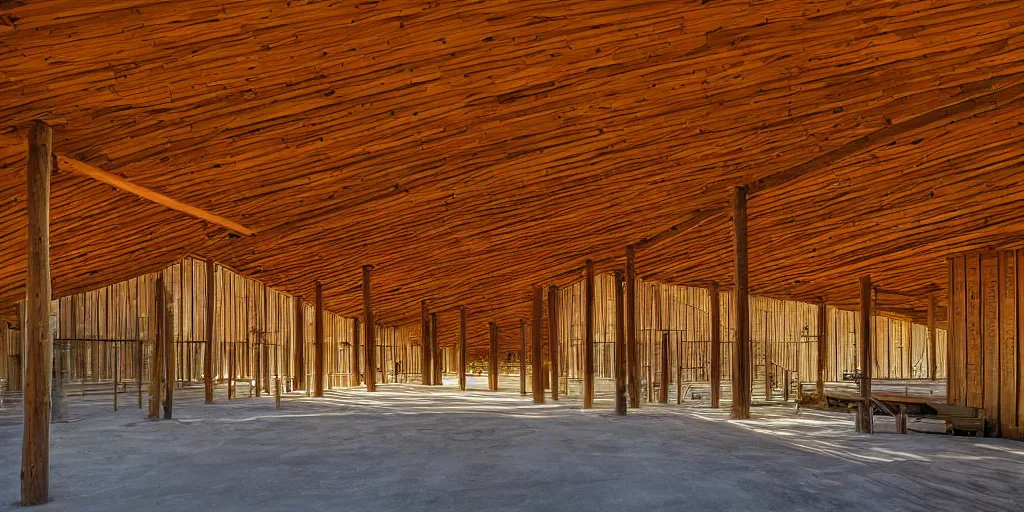 Image similar to large modern longhouse of chief seattle, cedar, warm, golden light, Washington state