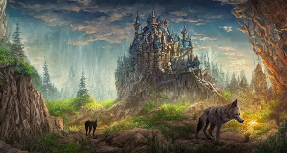 Image similar to wolves and their treasures - fantasy castle in astral landscape, trending on artstation, illustration, digital painting, highly detailed render by studio ghibli