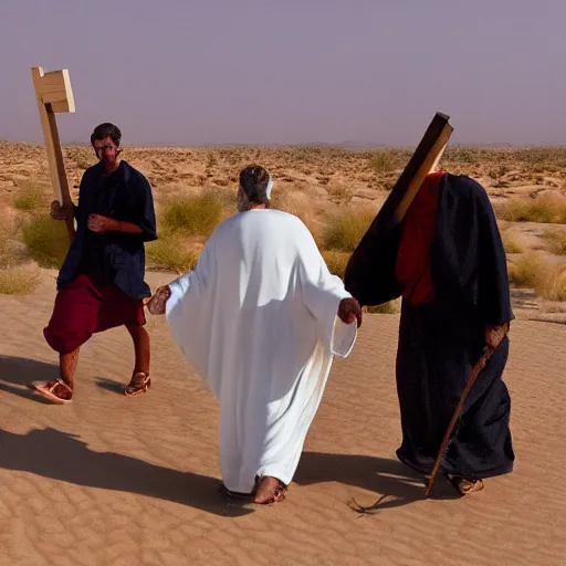 Image similar to paparazzi following around jesus christ while he is carrying a cross in the desert, 8 k photography,