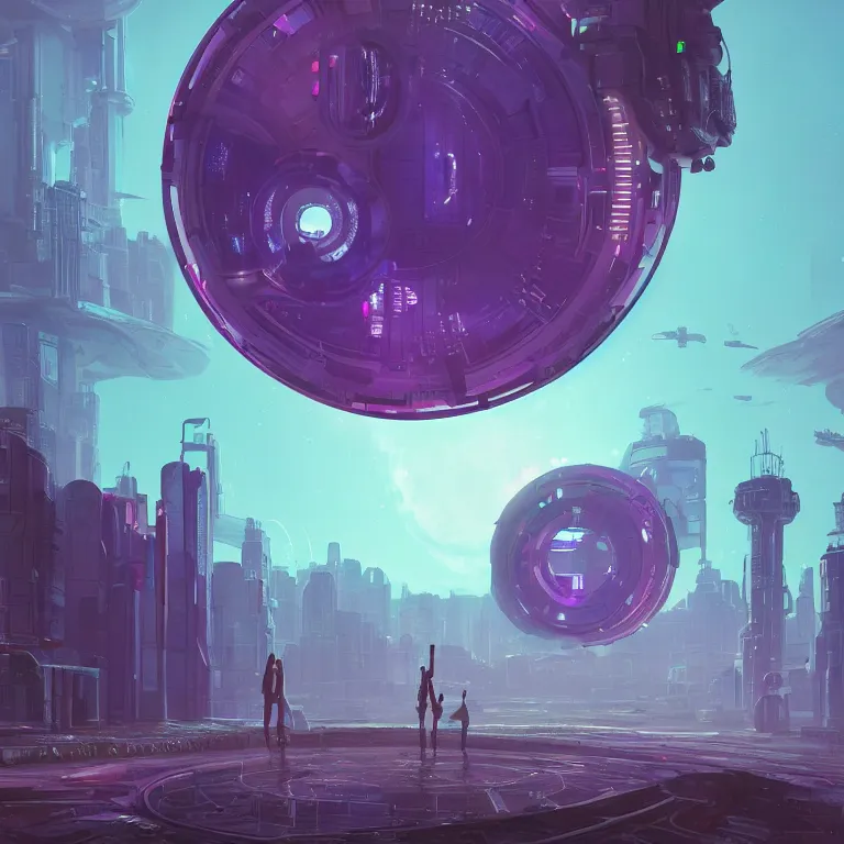 Prompt: a circle portal structure floating in space, cyberpunk, epic surrealism, indigo, purple, cyan, detailed digital matte painting in the style of simon stalenhag and painting by ralph mcquarrie