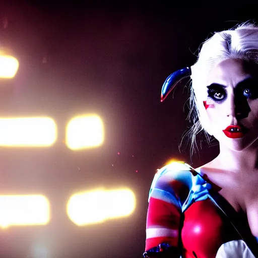 Prompt: beautiful awe inspiring Lady Gaga playing Harley Quinn 8k hdr moody lighting