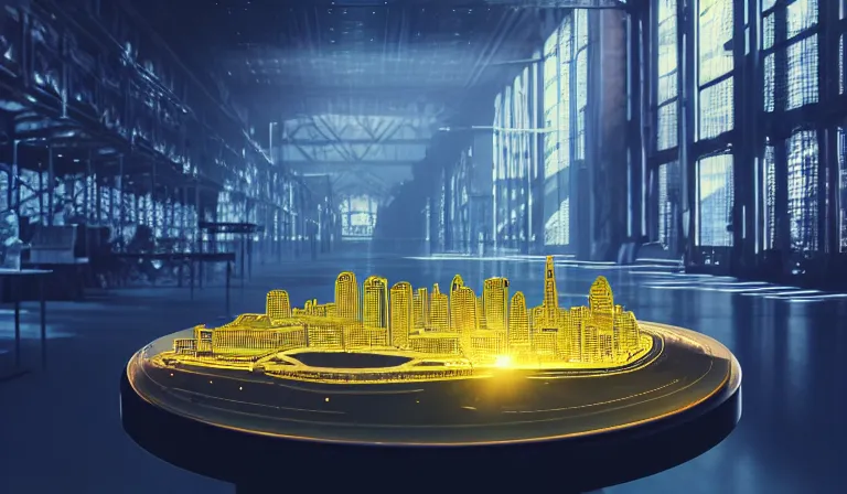 Image similar to sparse crowd of people in walled warehouse, looking at hologram of futuristic city on a table, cinematic concept art, godrays, golden hour, natural sunlight, 4 k, clear details, tabletop model buildings, center model buildings, hologram center, crane shot, crane shot, crane shot