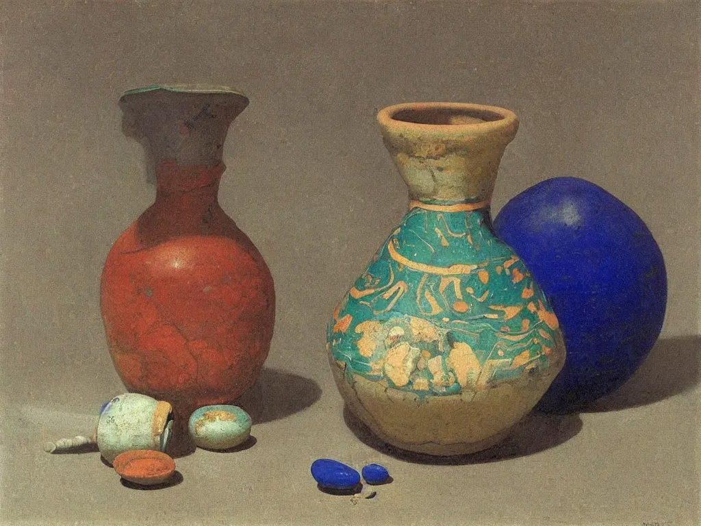 Image similar to greek painted ceramic, pottery, amphora, vase, negative - positive, floating in the night sky. lapis - lazuli, turquoise, malachite, cinnabar, earth brown. painting by georged de la tour, balthus, agnes pelton