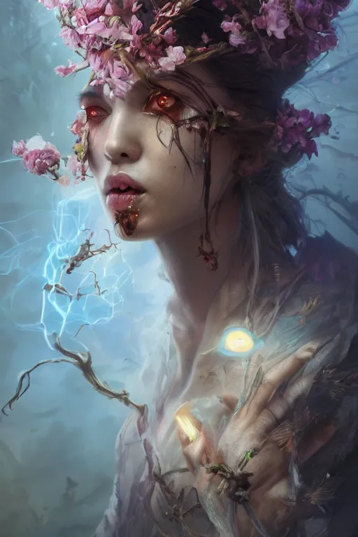 Prompt: face closeup of beautiful girl necromancer, witch - doctor exploding into flowers, angels, 3 d render, hyper - realistic detailed portrait, holding fire and electricity, forest, wings, leaves and magic, ruan jia, wlop. scifi, fantasy, magic the gathering, hyper detailed, octane render, concept art, peter mohrbacher