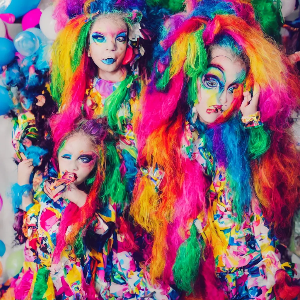 Prompt: a funny humanoid with big colorful hair wearing exaggerated makeup and colorful oversized garments, full body portrait, at a child's birthday party, polaroid
