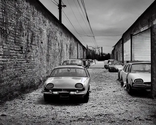 Prompt: beautiful minimalistic realistic photograph, abandoned cars park in a quiet alley by langdon clay, VSCO film grain