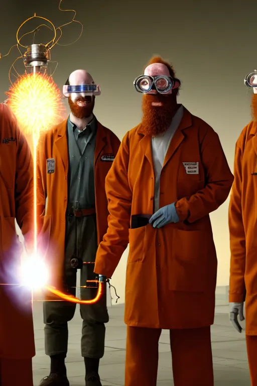 Image similar to a person with 3 eyes, person with a 3rd eye in the middle of their forehead, an awkwardly tall scientist with 3 eyes and a tangled beard and unruly red hair atop his balding head wearing a labcoat and welding goggles and holding a beaker, high resolution film still, movie by Ivan Reitman