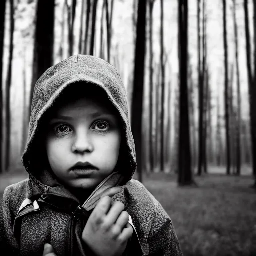 Image similar to stunning portrait photography of A sad child wearing boots, leggings and a raincoat, near forest, outdoors, dark from national geographic award winning, large format dramatic lighting, taken with canon 5d mk4, sigma art lens, monochrome