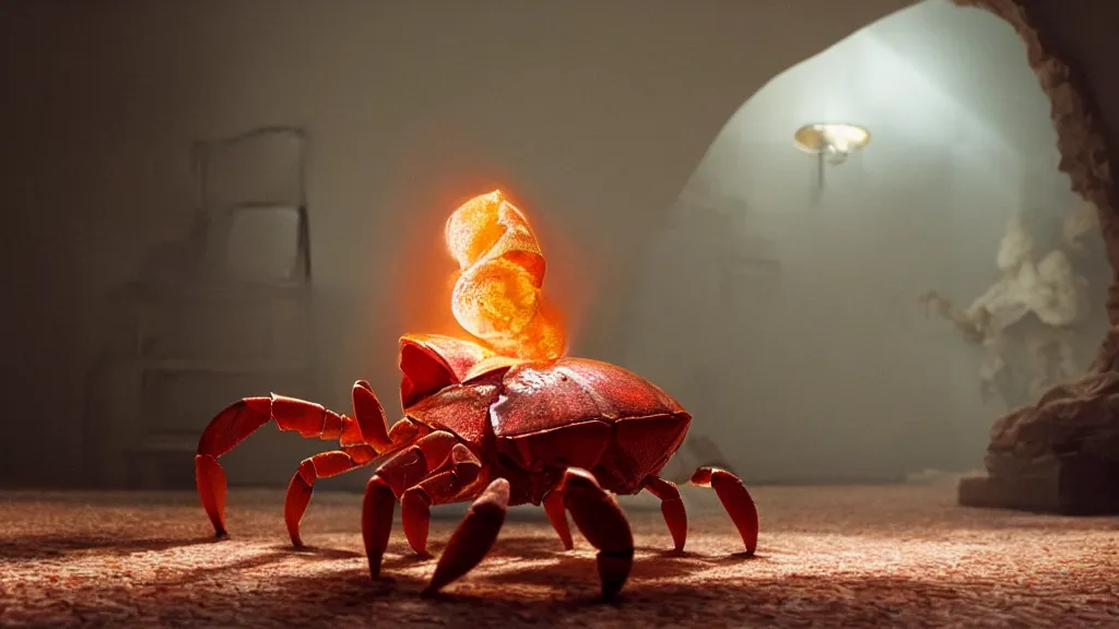 Prompt: a giant hermit crab made of blood and fire floats through the living room, film still from the movie directed by Denis Villeneuve with art direction by Salvador Dalí, wide lens