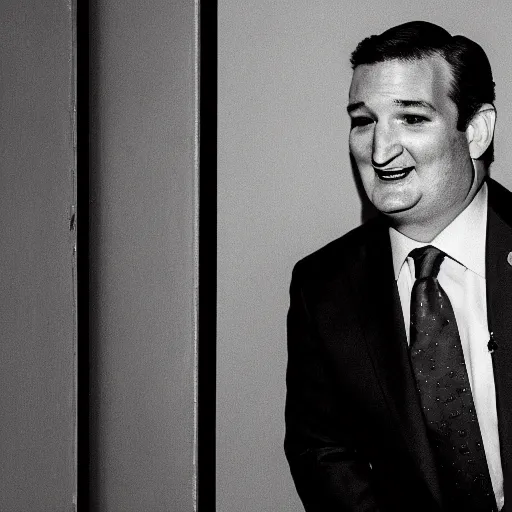 Prompt: Ted Cruz with a wide grin looking up at a security camera from a distance, black and white, creepy lighting, scary, horror, ornate, eerie, fear