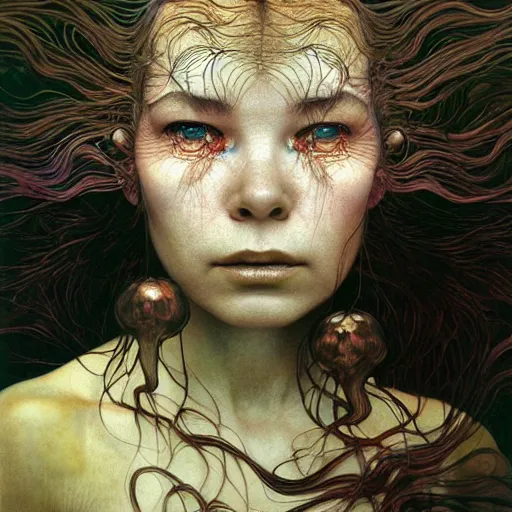 Image similar to bjork by zdzisław beksinski, iris van herpen, raymond swanland and alphonse mucha. highly detailed, hyper - real, beautiful