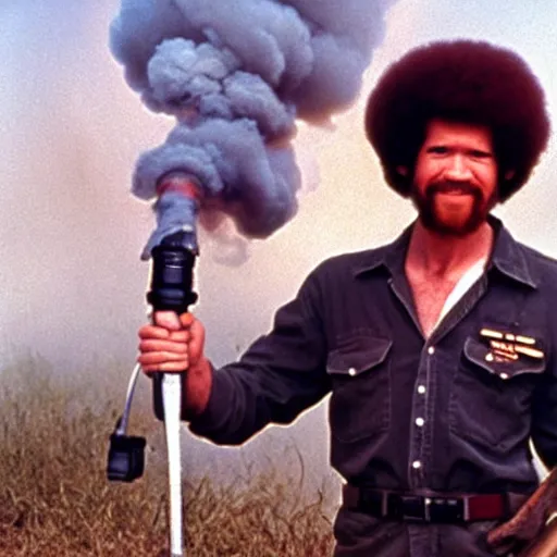 Image similar to bob ross holding a flamethrower in the vietnam war