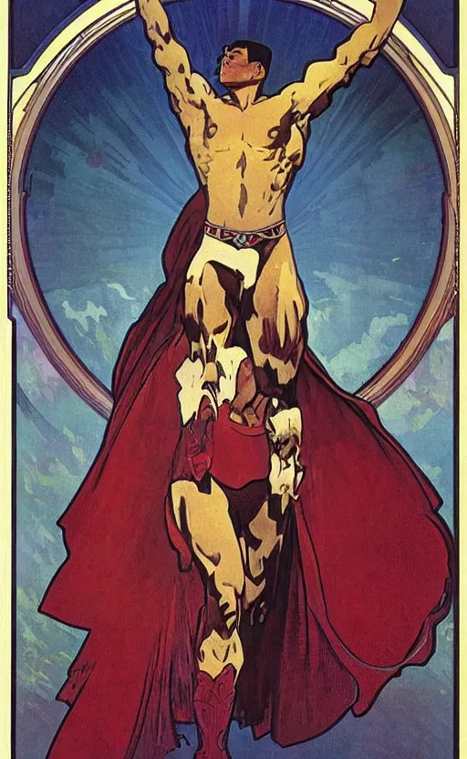 Image similar to a wide angle shot from below!!!, of a male superman with a handsome bodybuilder body walking with the swagger towards camera on mars in a infinite universe, synthwave digital art by alphonse mucha and greg rutkowski