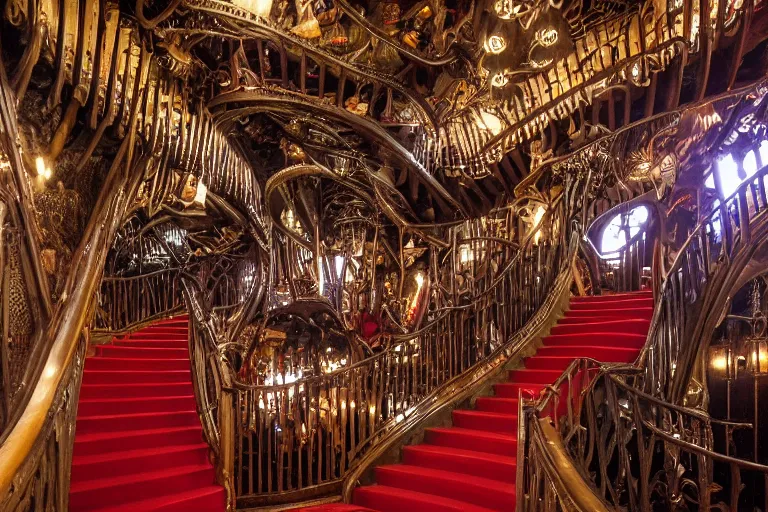 Prompt: the interior of the organ room at house on the rock made of red carpet and black wrought - iron, and is full of curved elevated walkways, interwoven catwalks, spiral ramps, and twisted staircases that are surrounded by cluttered arrangements of parts of pipe organs, clock gears, and engine components.