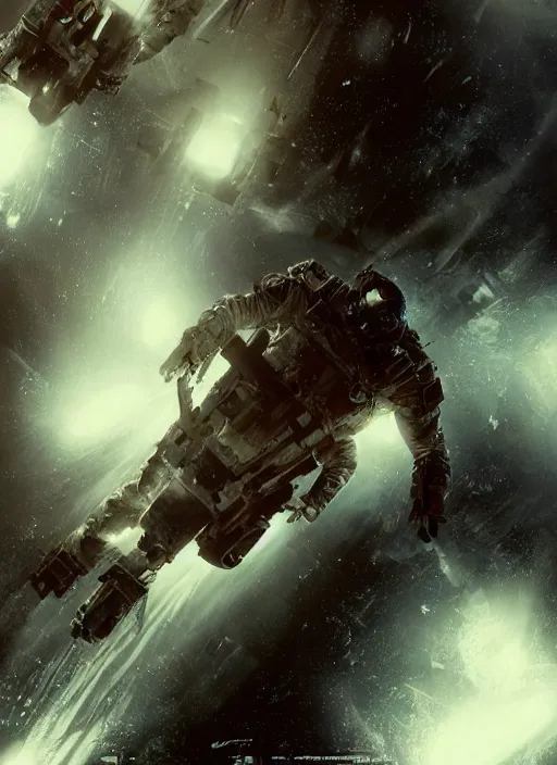 Prompt: concept poster art by craig mullins infrared complex and hyperdetailed technical astronauts floating in futuristic dark and empty spaceship underwater. reflection and dispersion materials. rays and dispersion of light. volumetric light. 5 0 mm, f / 3 2. noise film photo. flash photography. unreal engine 4, octane render. interstellar movie art