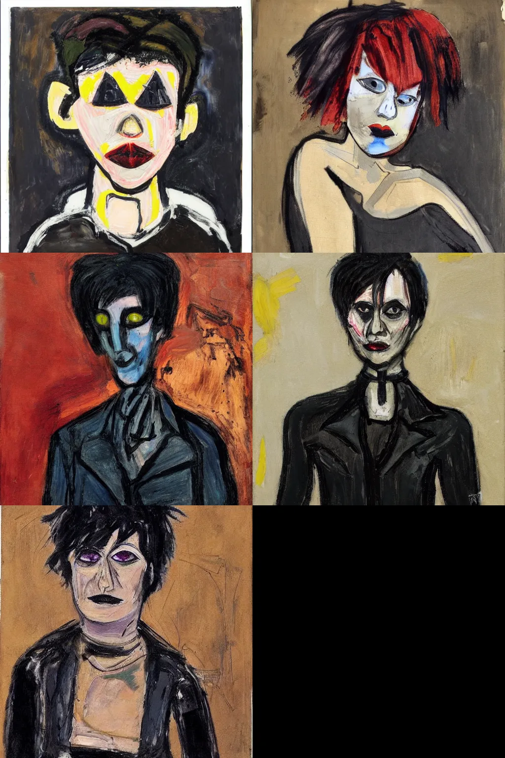 Prompt: goth painted by frank auerbach. high - quality character portrait. short dark brown messy pixie haircut, large black eyes, slightly rounded face, pointed chin, small nose, black tank top, black leather jacket, black knee - length skirt, black choker.