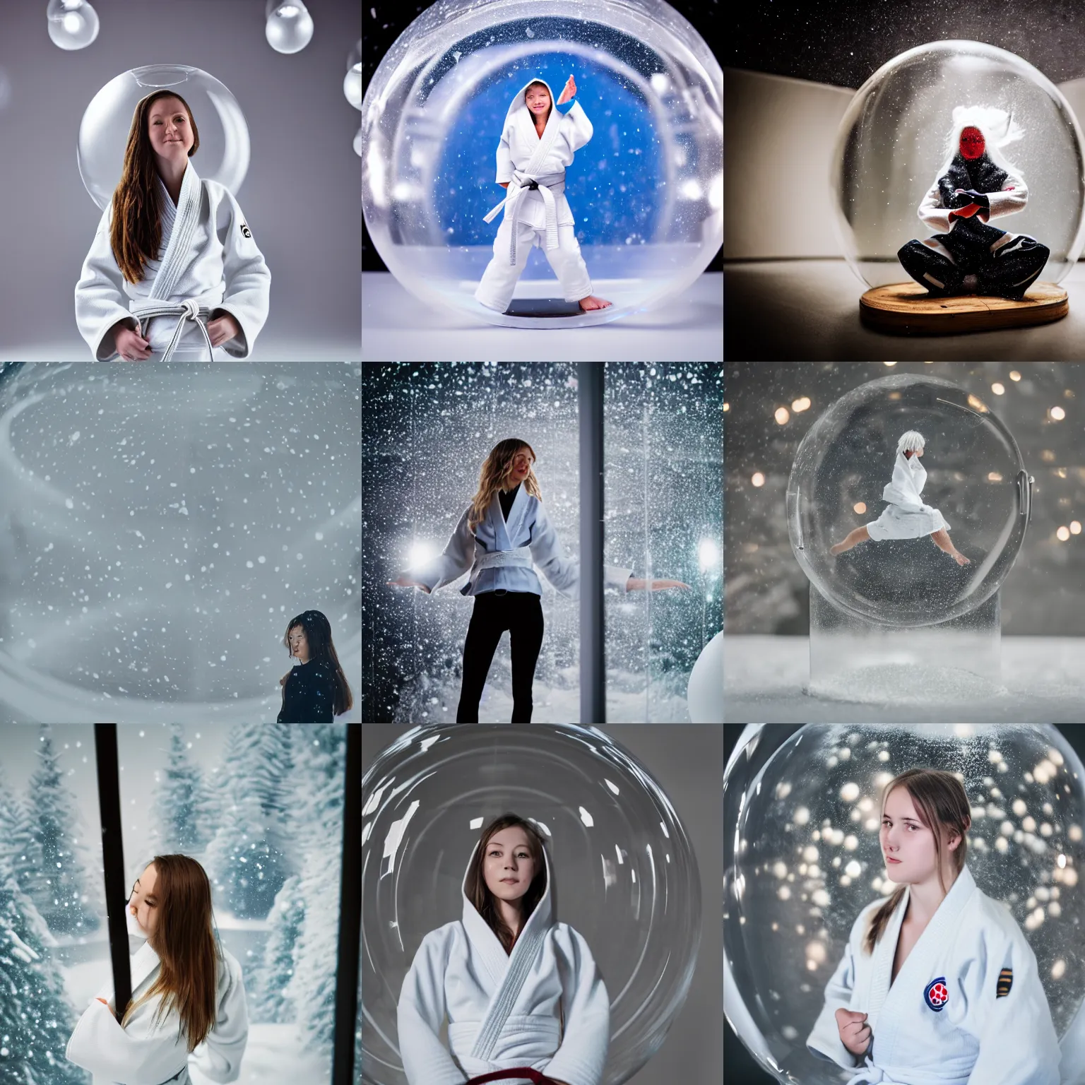 Image similar to Young white judo woman wearing a white gi, standing inside a giant snowglobe on a shelf, macro photography