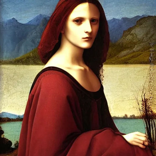 Image similar to portrait of a beautiful woman at a lake, oil painting by Da Vinci