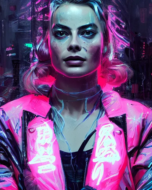 Image similar to detailed margot robbie portrait neon operator girl cyberpunk futuristic neon reflective puffy coat, decorated with traditional japanese ornaments by ismail inceoglu dragan bibin hans thoma greg rutkowski alexandros pyromallis nekro rene margitte illustrated perfect face, fine details, realistic shaded, fine - face, pretty face