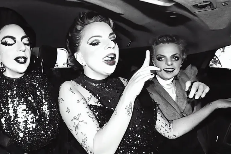 Prompt: lady gaga and judy garland doing carpool karaoke, lady gaga and judy garland, carpool karaoke, lady gaga, judy garland, carpool karaoke, youtube video screenshot, the late late show with james corden, higly realistic, high resolution, dashcam