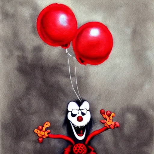 Image similar to grunge painting of elmo with a wide smile and a red balloon by chris leib, loony toons style, pennywise style, corpse bride style, horror theme, detailed, elegant, intricate