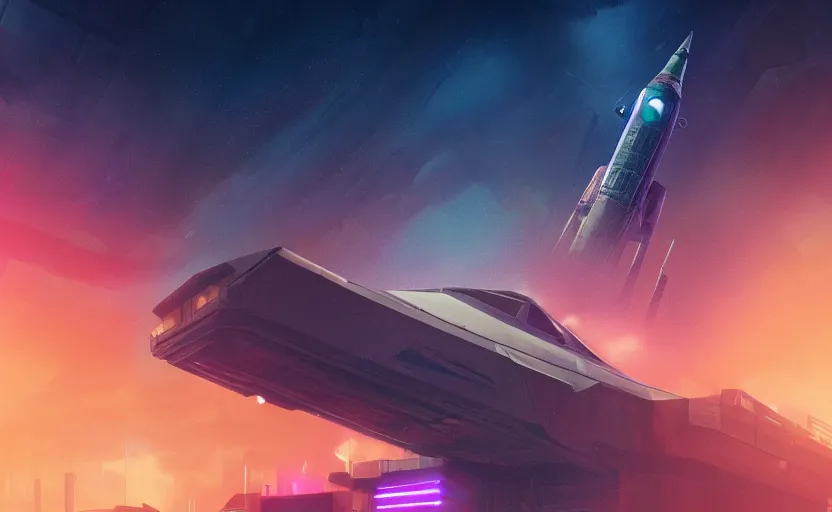 Prompt: A space rocket station blade runner 2049, synthwave style, environment concept, digital art, unreal engine, WLOP, trending on artstation, 4K UHD image,