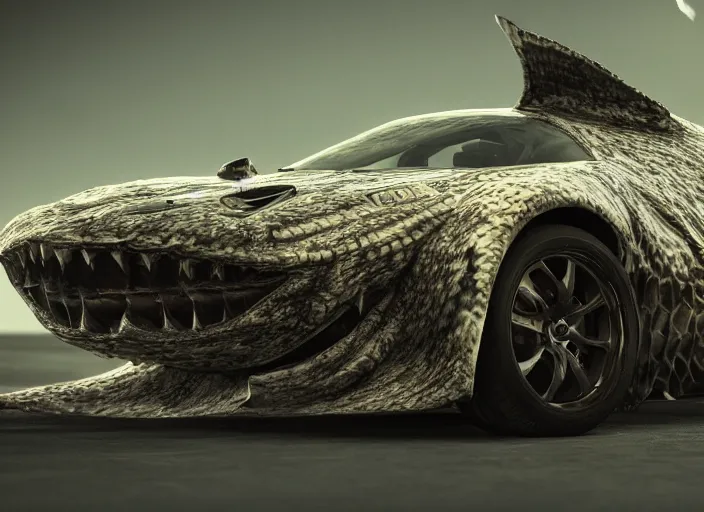 Image similar to hd wallpaper of a car made out of sharks, octane render, 8 k, hyperrealistic, unreal 5, intricate detail, cinematic, studio lighting, concept art, trending on artstation