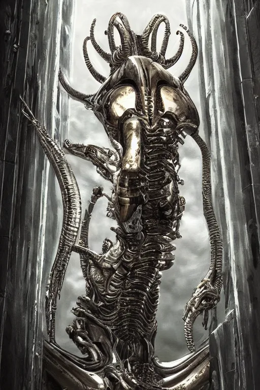 Prompt: ultra realist and ultra intricate detailed soft painting of a metal xenomorph, standing in a futuristic doorway, sensual gloomy style, volumetric clouds, artstation, unreal render, depth of field