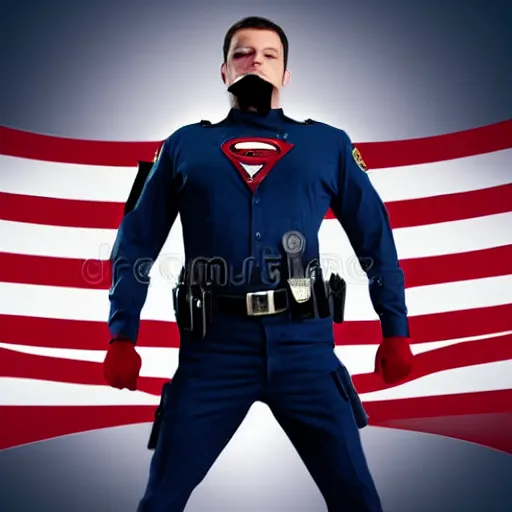 Prompt: A police officer superhero hybrid, posing heroically, stock image