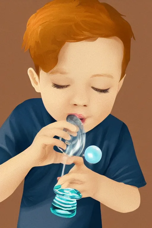 Image similar to a little boy with ginger hair blowing bubbles. clean elegant simple illustration, beautiful detailed face.