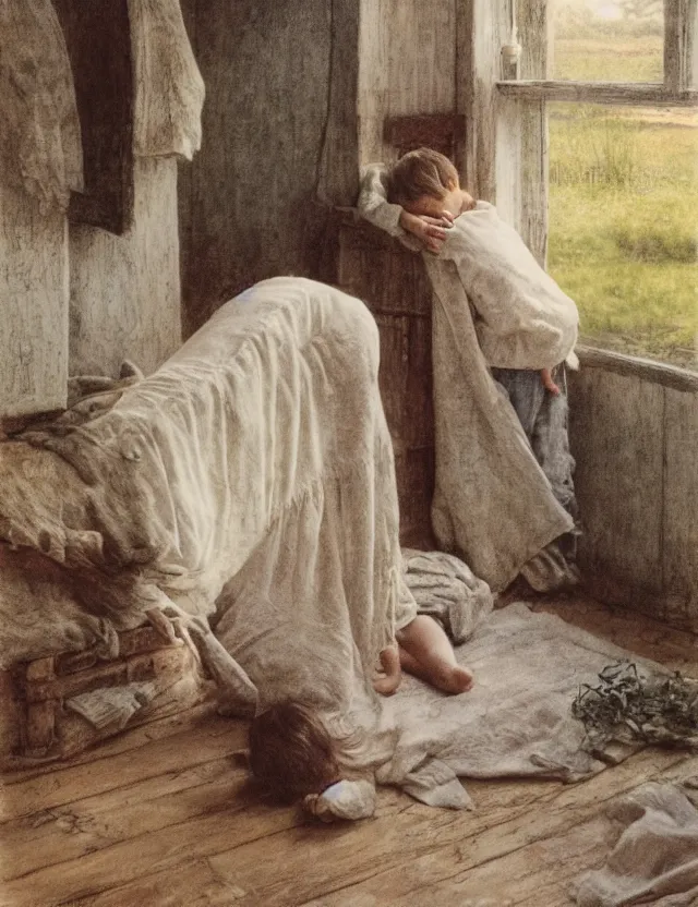 Image similar to peasant boy praying in country house, cottage core, cinematic focus, polaroid photo bleached vintage pastel colors high - key lighting, soft lights, foggy, by steve hanks, by lisa yuskavage, by serov valentin, by tarkovsky, detailed, oil on canvas