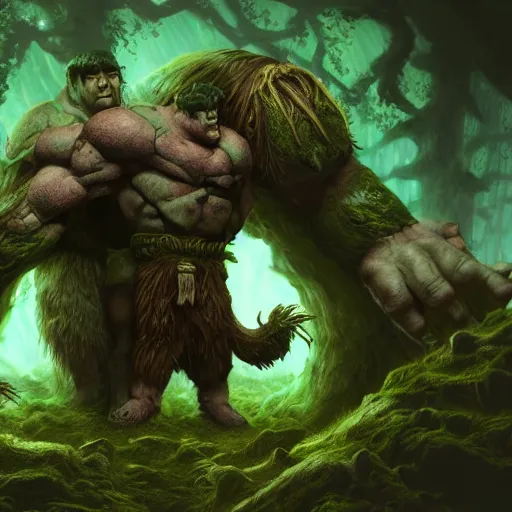 Image similar to giant ettin with two heads, ettin from dungeons and dragons, dnd in a dark forest, digital art, high quality render, artstation, 8 k, photograph quality, ultrahd