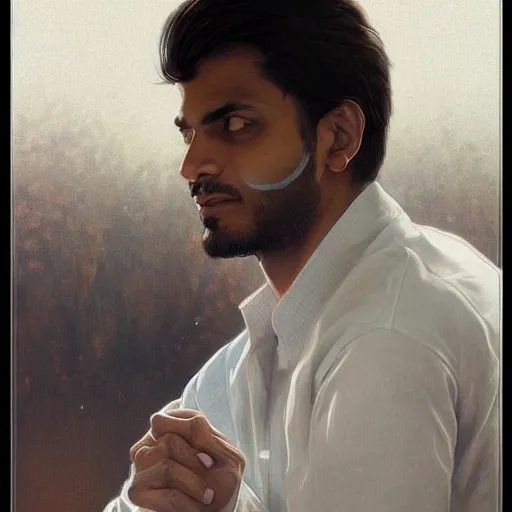 Image similar to Anxious good looking pale young Indian doctors wearing jeans and shirts at the airport, portrait, elegant, intricate, digital painting, artstation, concept art, smooth, sharp focus, illustration, art by artgerm and greg rutkowski and alphonse mucha