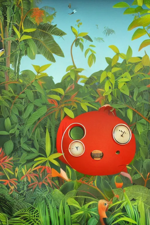 Image similar to rare bird in the jungle, highly detailed, unreal engine render concept art, style of henri rousseau and richard scarry and hiroshi yoshida