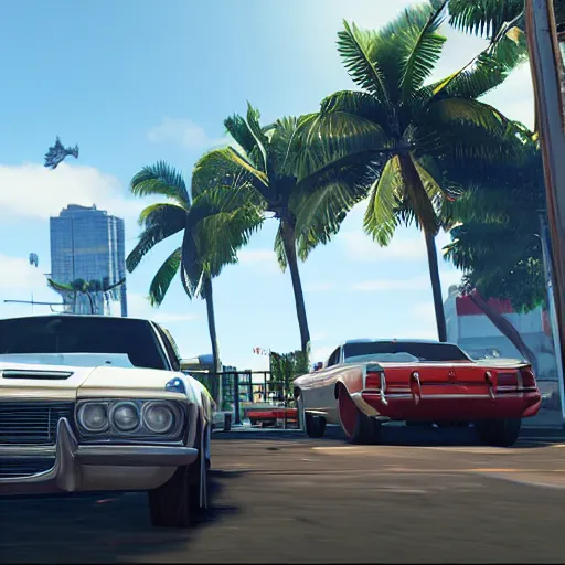 Prompt: screenshot of gameplay of grand theft auto 6 set in miami, raytracing, beautiful, unreal engine