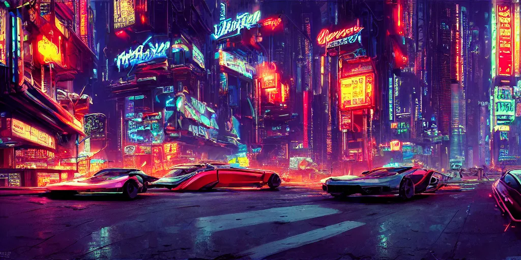 cyberpunk night street, flying cars, neon billboards, | Stable ...