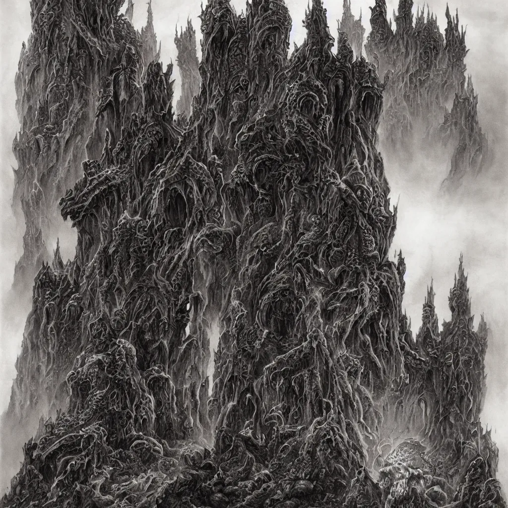 Prompt: dark alien castles, grotesque symmetrical towers and demonic tentacle dragon altars in the mountains of antarctica, upward cinematic angle, by rodney matthews, michael kaluta, stephen gammell and bill sienkiewicz, fantasy art, intense atmosphere, striking composition, ghost faces, monster statues, intricate, strange, ornate, digital art, hyperdetailed, colorful hyperrealism, photorealism, 8k