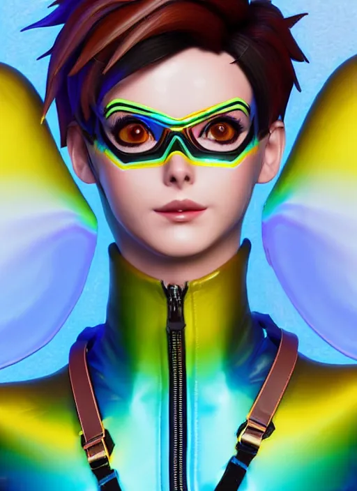 Image similar to portrait bust digital artwork of tracer overwatch, wearing iridescent rainbow latex and leather straps catsuit outfit, expressive happy face, makeup, in style of mark arian, angel wings, wearing detailed leather collar, chains, black leather harness, detailed face and eyes,