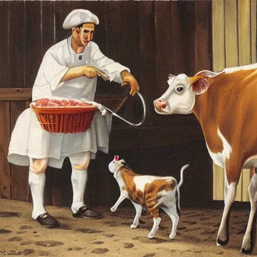 Image similar to butcher giving milk to a cat, while being watched by a cow