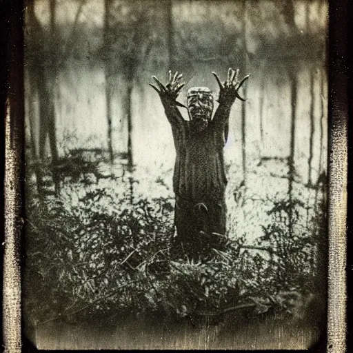 Image similar to creepy lovecraftian monster in swamp, 1910 Polaroid photo