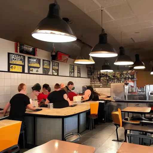 Image similar to busy wafflehouse interior with customers eating breakfast and wafflehouse employees serving food and cooking behind countertop